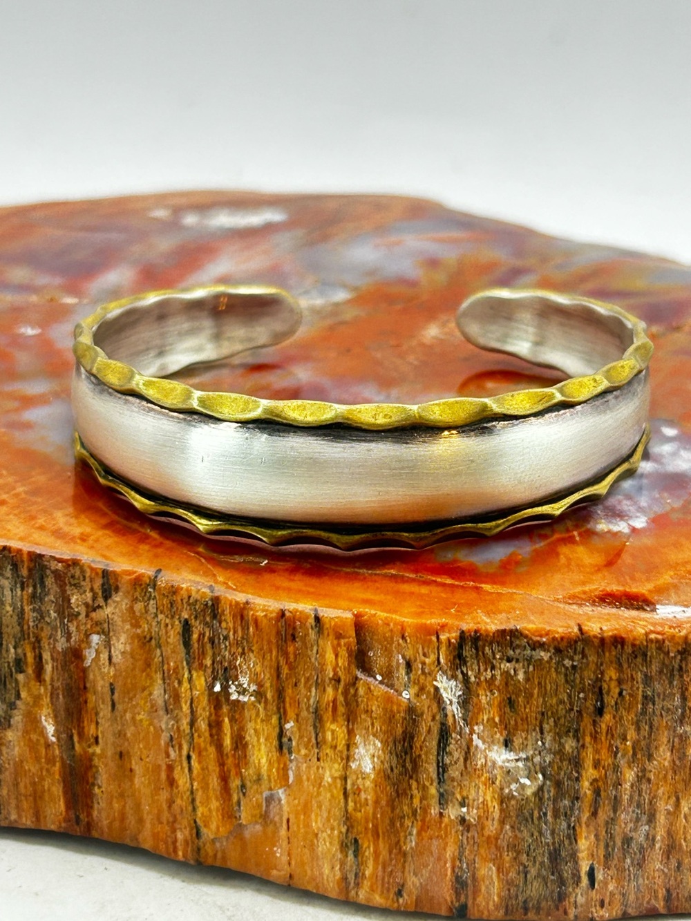 Vintage Sterling Silver Bangle Bracelet with Bronze Trim